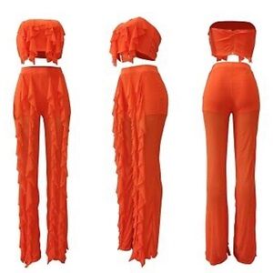 Mesh Ruffle Crop Top Pants Set Orange Large $49 NWT 2 Piece Matching Set Sexy